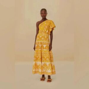 FARM RIO X ANTHROPOLOGIE Yellow Ainika Tapestry One Shoulder Maxi Dress SZ XL